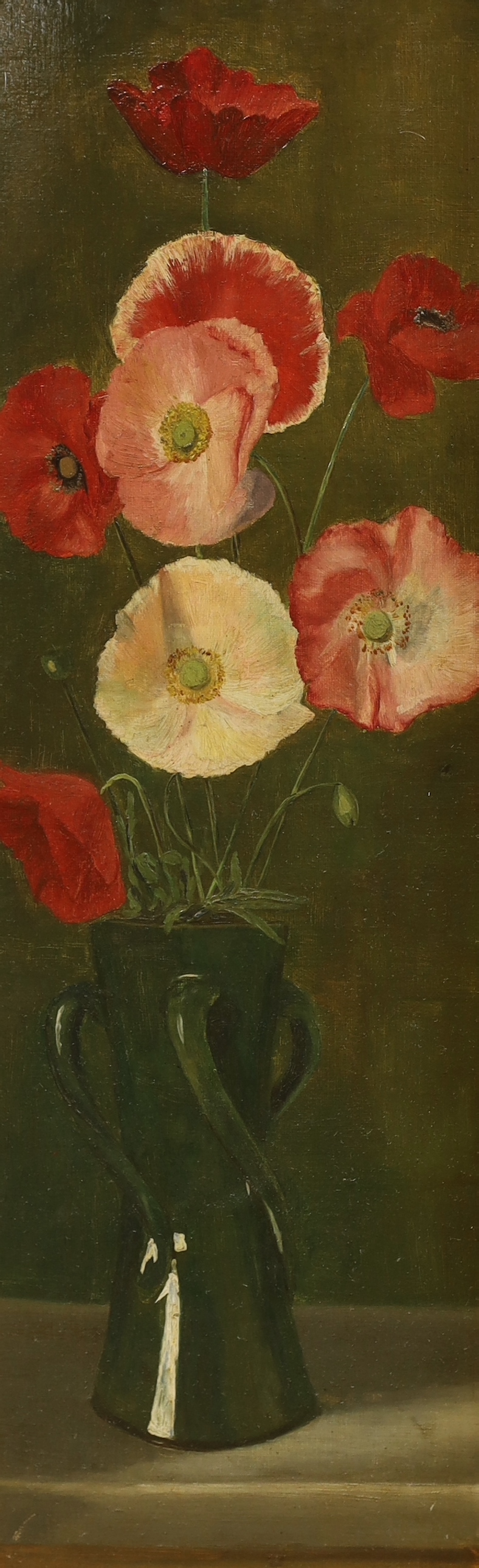 English School c.1920, oil on board, Still life of poppies in an art pottery vase, 56 x 18cm